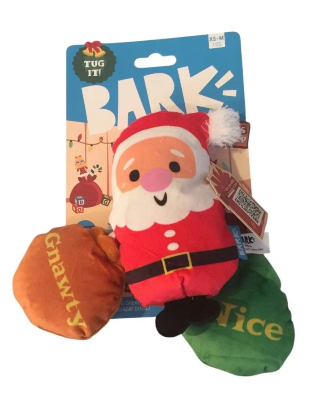 BARK Santa Swag Bags Plush Dog Toy Rope Tug Crinkle Squeak